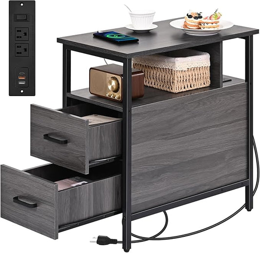 Side Table, End Tables with Charging Station, Narrow End Table with Wooden Drawers, USB Ports and Power Outlets, Nightstand and Bedside Table, End Table Living Room, Bedroom, Dark Grey