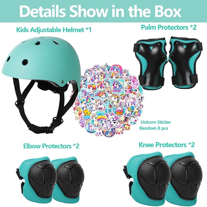 Kids Bike Helmet with Knee Elbow Wrist Pads Guards,Pink,for Ages 2-3-5-8-14,Sports Bicycle,Skate Scooter,Rollerblading with Unicorn Sticker