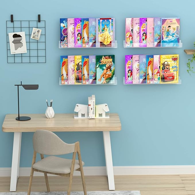 NIUBEE 24" Premium Acrylic Floating Nursery Kids Bookshelf Wall Ledge Shelf, Clear Invisible Spice Rack Bathroom Storage Shelves Display Organizer, 50% Thicker with Screwdriver, Set of 4