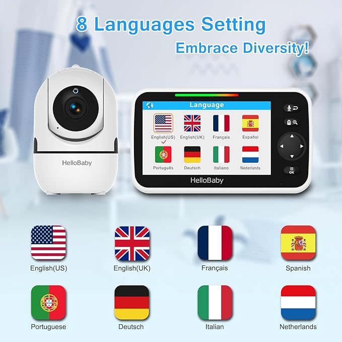 HelloBaby No WiFi Baby Monitor 5" Screen 30-Hour Battery Pan-Tilt-Zoom Video Upgrade with Camera and Audio, Night Vision, VOX, 2-Way Talk, 8 Lullabies and 1000ft Range, HB6550