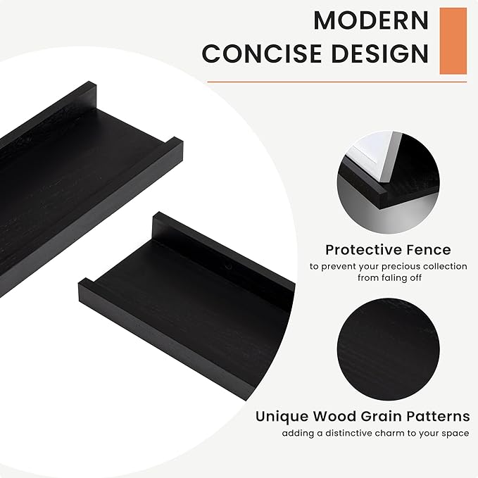 Picture Ledge Shelf, 72 inch Solid Ash Wood Floating Shelves Set of 2, Picture Ledge Ledge Wall Mounted for Living Room Kids' Room Bedroom, Color Black