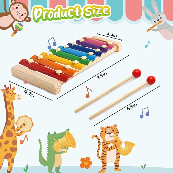 LovesTown Wooden Xylophone Musical Toy, 8 Rainbow Keys, 2 Mallets, Educational Instrument for Toddlers