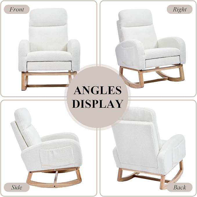 NIOIIKIT Oversized Nursery Rocking Chair, Teddy Upholstered Glider Chair with Footrest, Large Glider Rocker with Side Pocket, Rocking Accent Chair, Glider Recliner for Living Room (White Teddy)