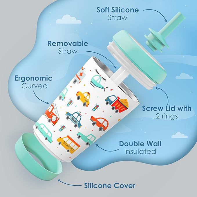 Kid Insulated Stainless Steel Tumbler with Silicone Straw, 12oz Sippy Cup for Kids (Transportation)