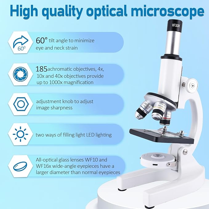Microscope 40X-2500X Magnification with 4.3-inch Display, Wide-Angle 10X and 25X eyepieces, and Built-in 5-megapixel Camera for School Labs, Animal Husbandry (White)