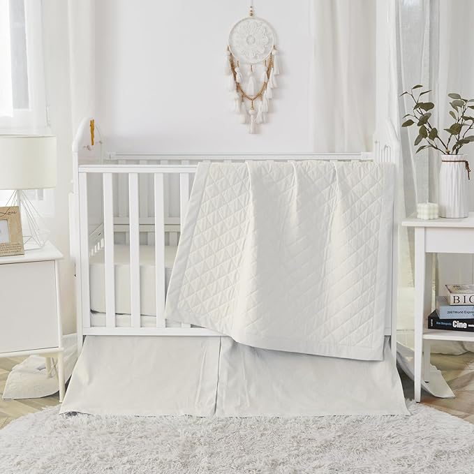 Brandream White Crib Bedding Set 3 Pieces Baby Nursery Collection - Quilt,Crib Sheet,Dust Ruffle-100% Washed Cotton Like Linen Supersoft Classic Quilted Plaid Off White Cream