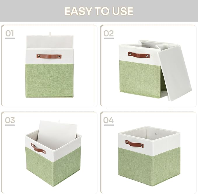 HNZIGE Fabric 11x11 Cube Storage Bins, Set of 4, Foldable Storage Cube Bin Baskets for Shelves with Handles, Bins for Cube Organizer Home Toy Nursery Closet(Green White)