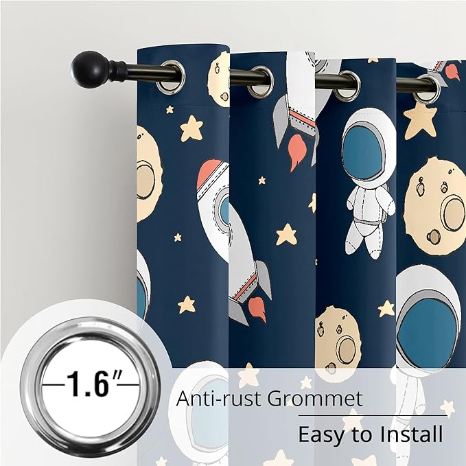 Kids Space Astronaut Planets Rockets Blackout Curtains - 100% Blackout, Thermal Insulated, Noise Reducing, for Kids Room and Nursery, 2 Panels (Astro Buddy Rockets, W52×L63)