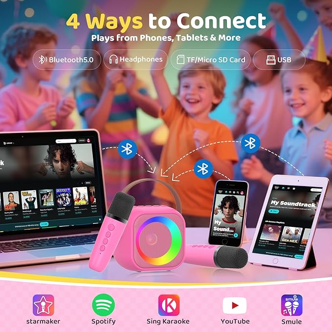 Karaoke Machine for Kids, Toys for 3-12 Years Old Girls Gifts, Kids Karaoke Microphone Machine Toy, Best Fun Christmas Birthday Gifts for 5 6 7 8 9 10 11 Years Teens Girl Boys Rose 2 Mic