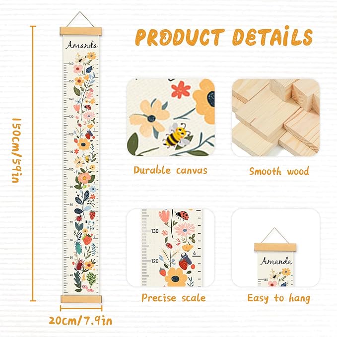 Personalized Name Growth Chart for Kids, Flower Canvas Height Chart Ruler Removable Hanging Wall Ruler Measurement Chart for Home Decoration, Waterproof Measuring Board, Foldable