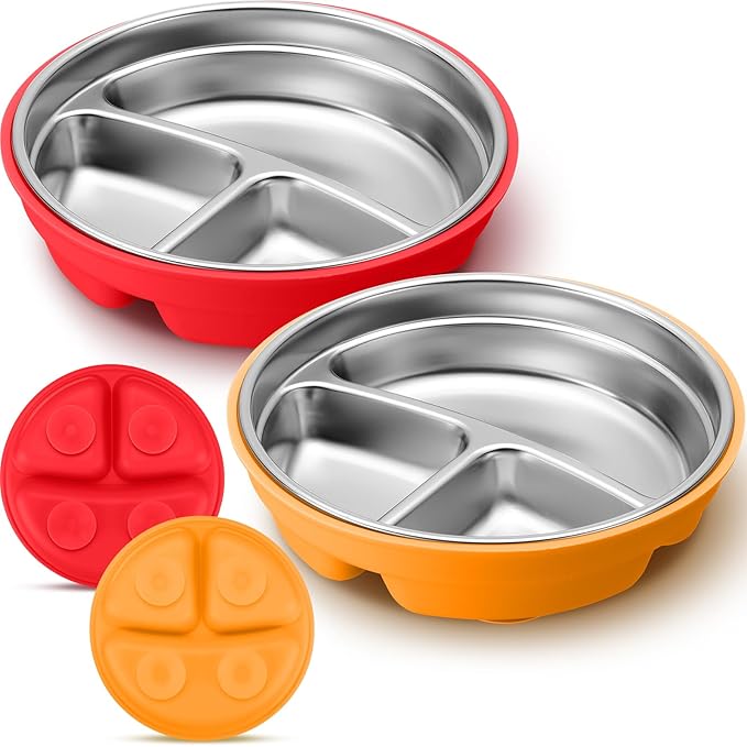 Nuogo 2 Pcs Stainless Steel Baby Suction Plates with Removable Silicone Shell 2-in-1 Metal Toddler Bowl Divided for Picky Eaters Kids Feeding Led Weaning Supplies, Dishwasher Safe (Orange,Red)
