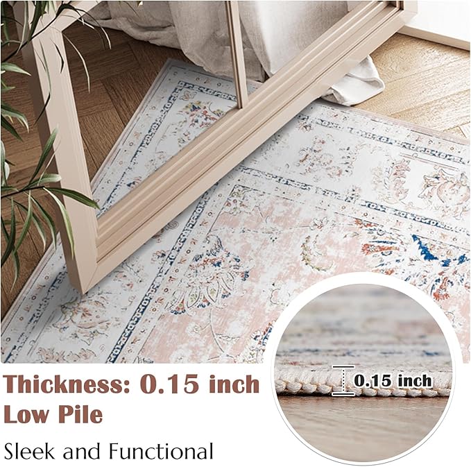 jinchan 6x9 Area Rugs for Living Room - Machine Washable Vintage Floral Distressed Design Stain Resistant Boho Carpet Ultra-Thin Low Pile Non-Slip for Bedroom Dining Room Office (6‘x9',Pink)