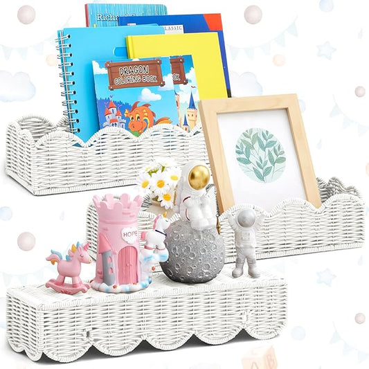 Pinkunn 3 Set Nursery Book Shelves Scalloped Rattan Wall Shelf 15.8 x 3.2 Inch Wall Mounted Plastic Floating Book Shelve, Hanging Boho Wicker Woven Shelf for Nursery Decor and Storage (Classic White)