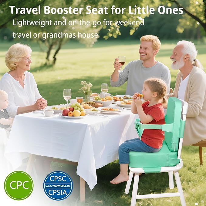 Toddler Booster Seat for Kitchen Chair, 2-in-1 Dining Table Booster Seat with Backrest & Adjustable Straps – Easy-Clean, PU Portable Toddler Eating Travel Increasing Cushion-Green