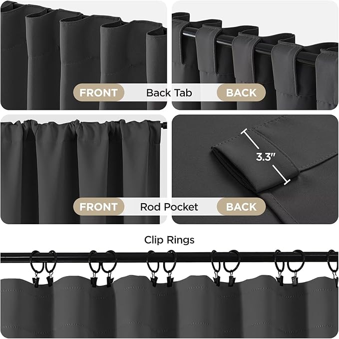 Joydeco 90 Inch Blackout Curtains for Bedroom, Thermal Insulated Black Out Curtains 2 Panels Set, Room Darkening Drapes for Living Room Window Rod Pocket Back Tab (W52 x L90 Inch, Dark Grey)