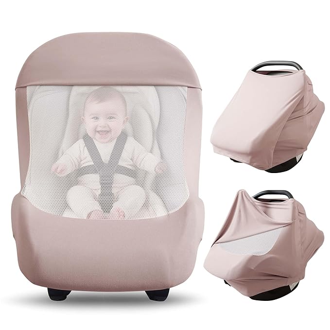 Konssy Baby Car Seat Cover with Breathable Mesh Window, Stretchy Windproof and Sunshade Canopy for Infant Car Seats, Boys and Girls