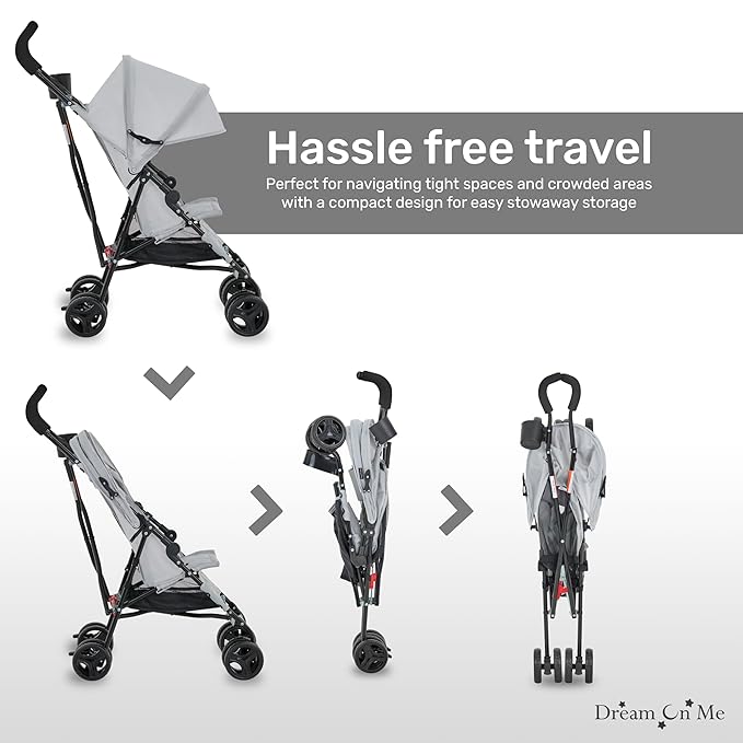 Dream On Me Rover Convenience Baby Stroller in Gray, Lightweight & Compact Umbrella Stroller, Easy one-Hand fold Travel Stroller, Lockable Rear Wheels, Removable & Adjustable Canopy