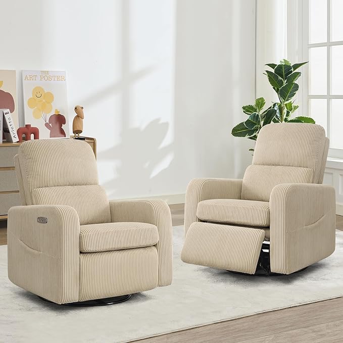 Swivel Rocker Recliner, Oversized Power Recliner Nursery Glider with Removable Cushion, Upholstered Swivel Reclining Chairs for Nursery Living Room Bedroom, Corduroy Camel