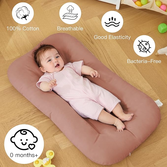 Baby Lounger for Newborn, Bionic Design Baby Lounger, Soft Organic Cotton Breathable Lounger for Infants 0-18 Months (Brown)