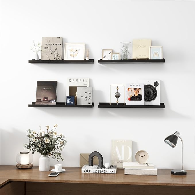 Picture Ledge Shelf, Wood Floating Shelves Set of 4, 24 inch Picture Ledge Shelves, Photo Ledge Nursery Book Shelves Wall Mounted for Living Room Kids' Room Bedroom, Color Black