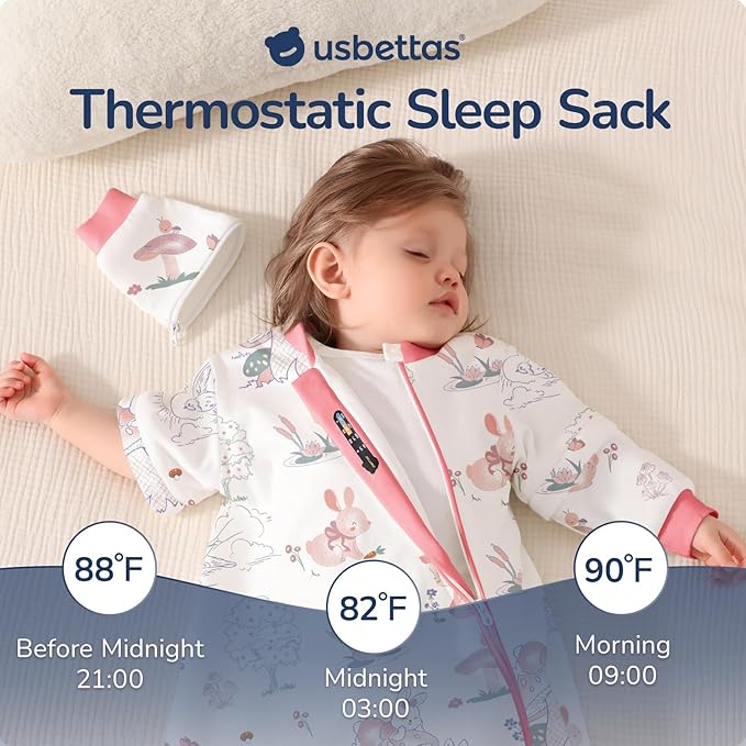 Baby Sleep Sack 18-24 Months, Cotton Detachable Long Sleeve Sleep Sack, 1.0 Tog Toddler Sleeping Sack with Temperature Strips, 2-Way Zipper Wearable Blankets for Newborns, Bunny