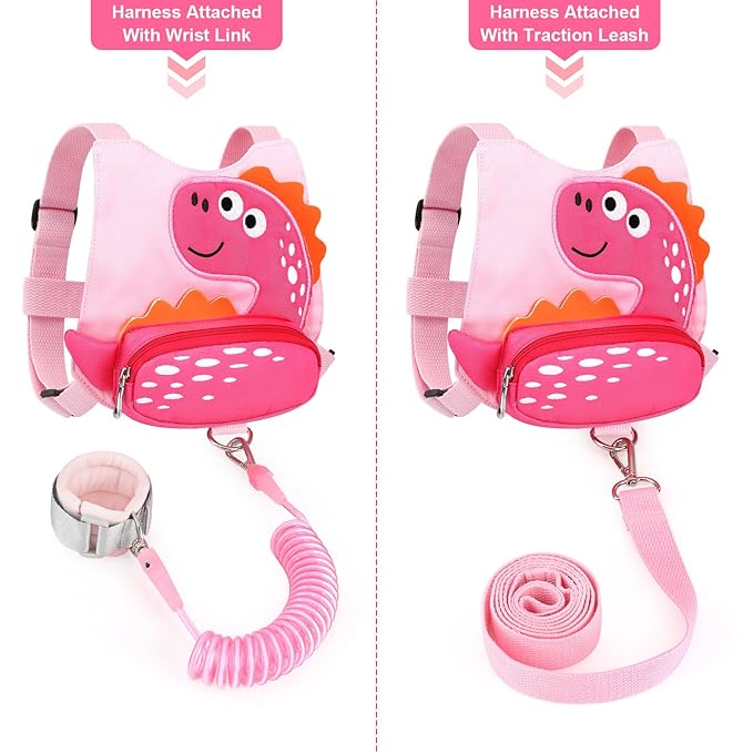 Toddler Leash Harness + Anti Lost Wrist Link, Accmor Cute Dinosaur Kids Harnesses with Leashes,3 in 1 Baby Walking Wristband Child Outdoor Anti-lsot Tether Rope Reins for Chidren Girls (Pink)