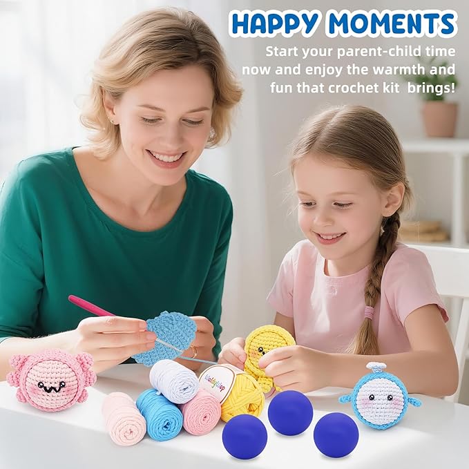 WaldyWop Crochet Kit for Beginners: 3PCS Crochet Animal Kits w/Stress Balls, Step-by-Step Video Tutorials - Wobbles DIY Craft Kit for Adults Kids - Gifts for Girls&Women (Dolphin, Octopus, Axolotl)