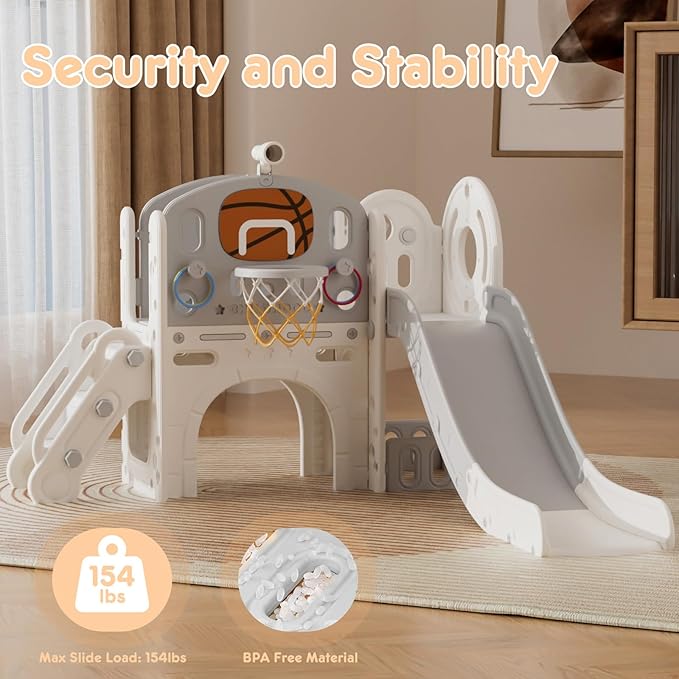 XJD 8 in 1 Toddler Slide Set, Kids Slide for Toddlers Age 1+, Toddler Climber Slide PlaySet with Basketball Hoop and Ball,Outdoor Indoor Playground for Toddlers 1-3 (Beige Grey, 8 in 1)