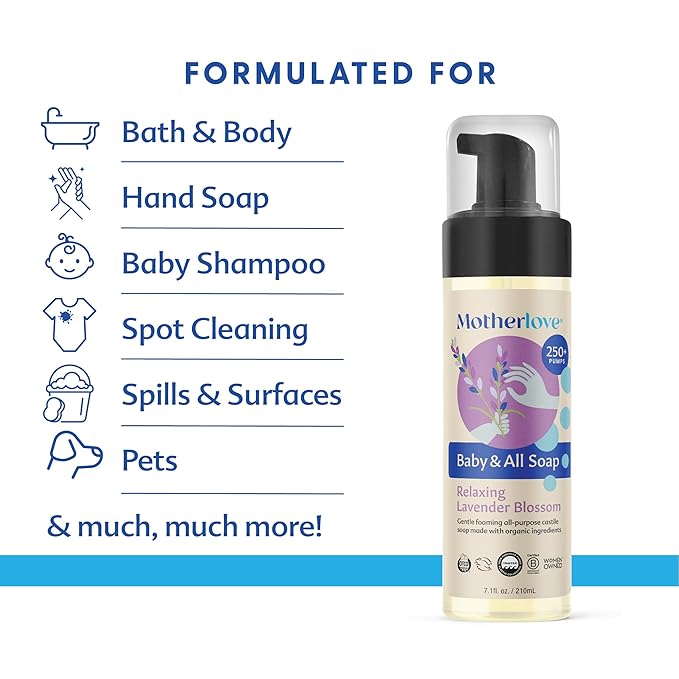 Motherlove Baby & All Soap (32 oz) Gentle Foaming All-Purpose Castile Soap Made with Organic Ingredients – Relaxing Lavender Blossom