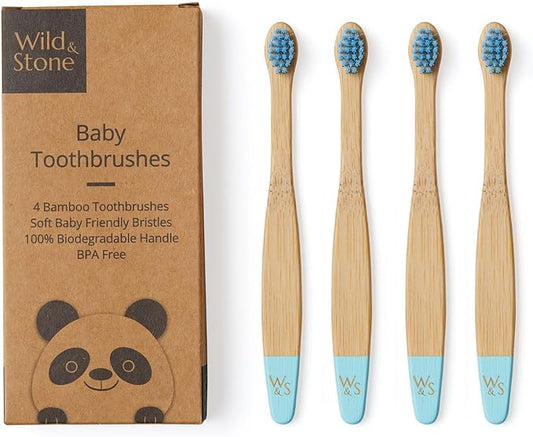 Wild & Stone Organic Baby Bamboo Toothbrushes | 4 Pack | Soft Bristles | 100% Compostable Handle | BPA Free | Vegan Baby Toothbrushes (Baby Blue)