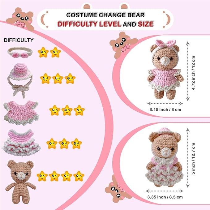 LoopMap Crochet Kit for Beginners - DIY Amigurumi Bear with Removable Dress & Accessories, Step-by-Step Video Tutorials, Extra Yarn, Crochet Tools, Handmade Gift for Kids & Adults(Bear-Pink)