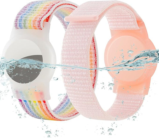 Waterproof Air Tag Bracelet for Kids (2 Pack), Soft Nylon Hidden Air Tag Wristband Full Cover Lightweight GPS Tracker Holder Compatible with Apple AirTag Band for Toddler Child (Light Rainbow/Pink)