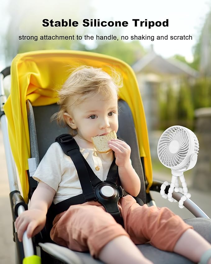 Stroller Fan Clip on for Baby, 4000mAh Rechargeable Battery Operated, Flexible Tripod, 3 Wind Speed, 360° Rotatable, Small Portable Fan for Car Seat Crib Golf Cart Bike Beach Travel, White