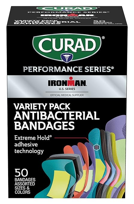 CURAD Performance Series IRONMAN Antibacterial Bandages, Extreme Hold Adhesive Technology, Finger & Knuckle Bandages, Flexible Fabric, Variety Pack with Assorted Sizes & Colors, 50 Count