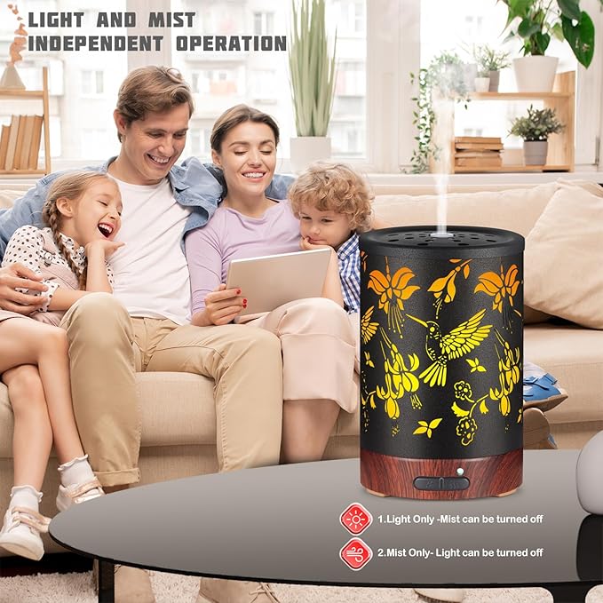 Metal Essential Oils Diffuser 150ML Christmas Aromatherapy Diffuser Cool Mist Humidifier with 7 Colors Lights Waterless Auto Off Air Diffusers as Gifts for Mom (B-Hummingbird)