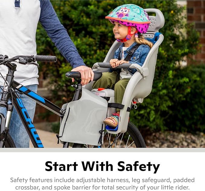 Schwinn Deluxe or Ovation Child Bike Carrier, Seats one Kid Ages 1+, Frame Mount, Adjustable Safety Harness, Quick Release Design, Comfortable Padding, Rear-Mounted Child Bike Seat for Toddler