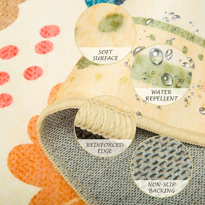 Floral 8ft Area Rug Machine Washable Soft Print Boho Carpet Non Slip Doormat Low Pile Flower Area Rugs for Living Room Bedroom Nursery Kitchen Dining Room Indoor-Ivory/Yellow