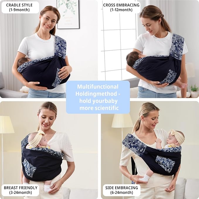 CUBY Wrap Baby Sling Carrier, Baby Wraps Sling Carrier Adjustable Breathable Lightweight Easy to Wearing - Baby Slings for Newborn Infant Toddler Front & Hip Carry Up to 40lbs (Dark Blue Floral)