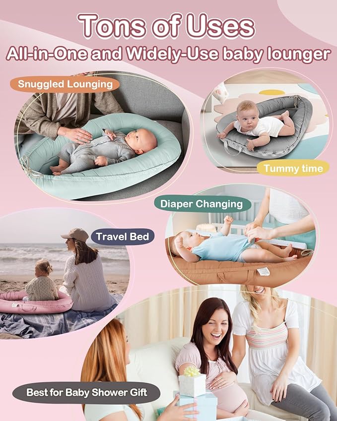 Baby Lounger - Infant Lounger for Newborn 0-24 Months, Pure Cotton Breathable Baby Nest Lounger Cover, Newborn Essentials for Baby Boys & Girls, Co Sleeper Portable Baby Bed for Home and Travel