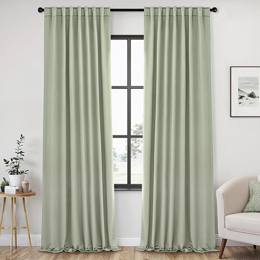 ANRODUO Back Tab Blackout Curtains for Bedroom Living Room, Rod Pocket Pinch Pleated Thermal Insulated Room Darkening Curtains 94 Inches Long 2 Panels, Sage Green, 42 x 94 Inch