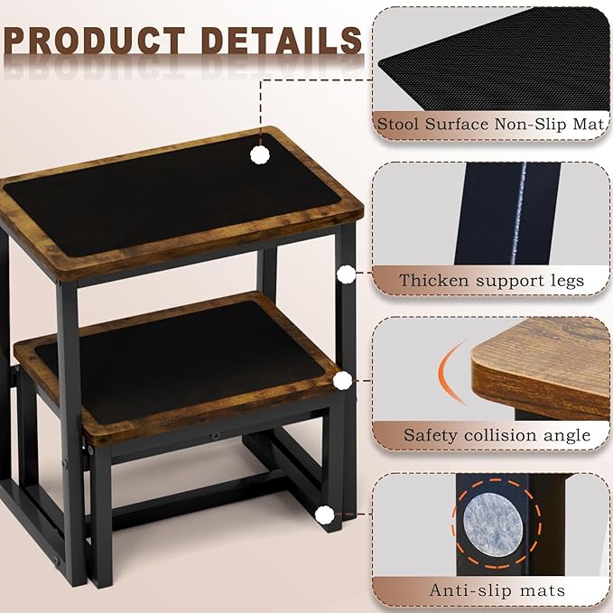 Step Stool for Adults,Holds up to 500Lb,3 in1 Heavy Duty Sturdy Two StepStools for Kichen/Bathroom/High beds, Wooden&Metal Frame, Non-Slip Pads