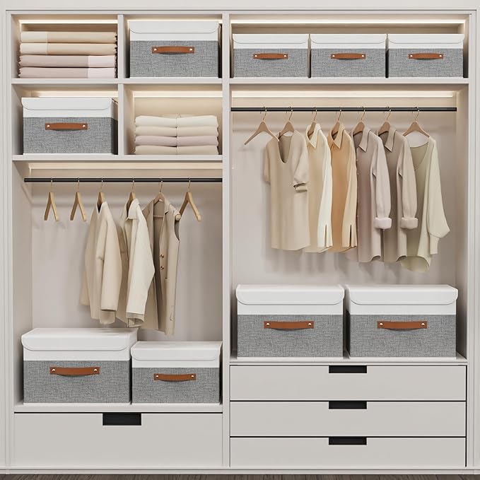 Yawinhe Collapsible Storage Bin, Cube Organizer Basket, Fabric Box with Lids, Washable and Leather Handle, for Home, Closet, White/Grey, 13.0''Lx9.0''Wx7.9''H, 5-Pack, SNK024WGS-5