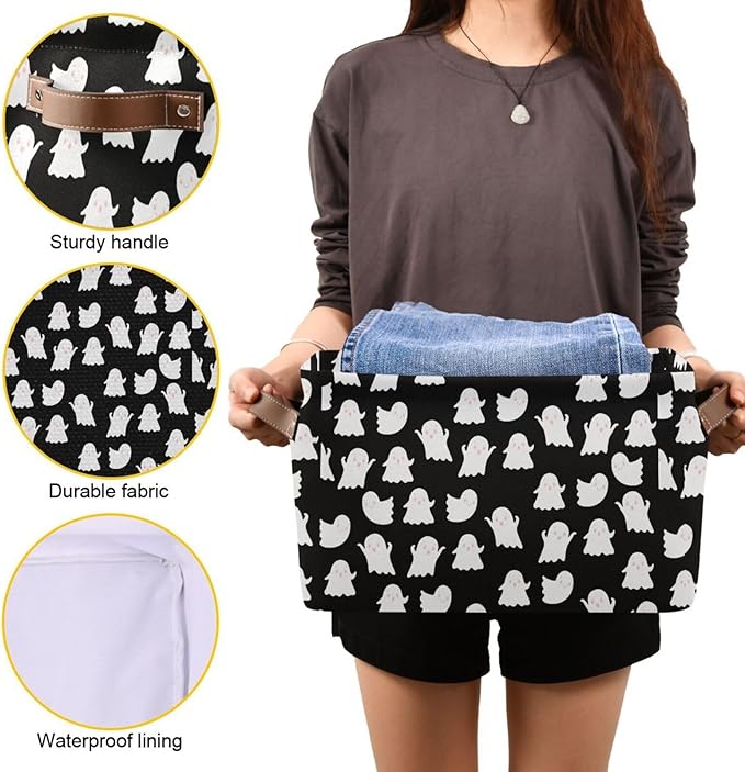 Storage Basket Bin Halloween Ghosts Organizer Basket Collapsible Shelf Basket Cube with handle for Nursery Bedroom Bathroom (white 24)