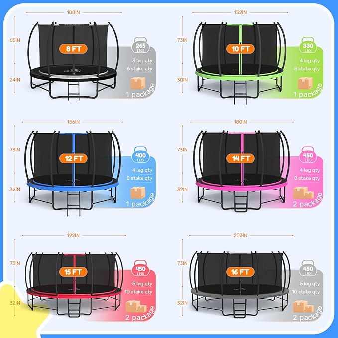 BCAN 8FT 10FT 12FT 14FT 15FT 16FT Recreational Trampoline with Enclosure for Kids Adults, ASTM Approved, Outdoor Trampolines with Ladder for Kids