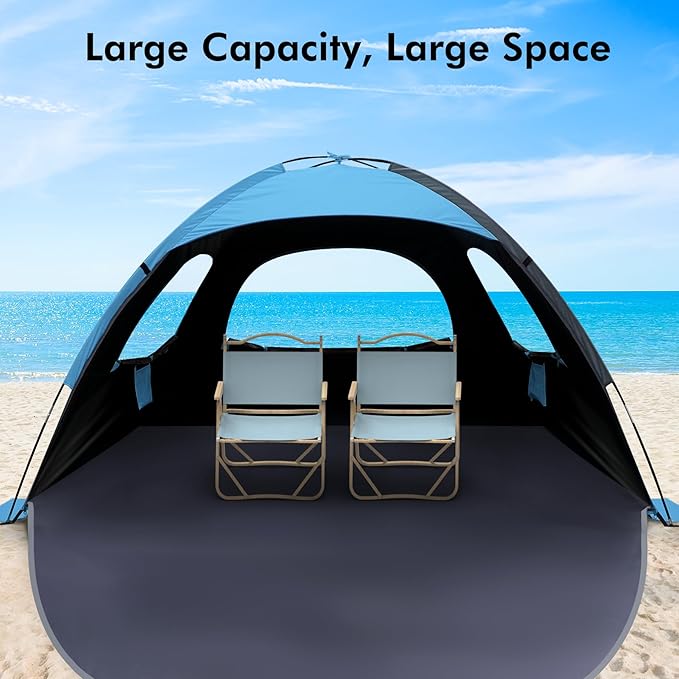 WhiteFang Beach Tent Anti-UV Portable Sun Shade Shelter for 3/4/6/8 Person, Extendable Floor with 3 Ventilating Mesh Windows Plus Carrying Bag, Stakes and Guy Lines