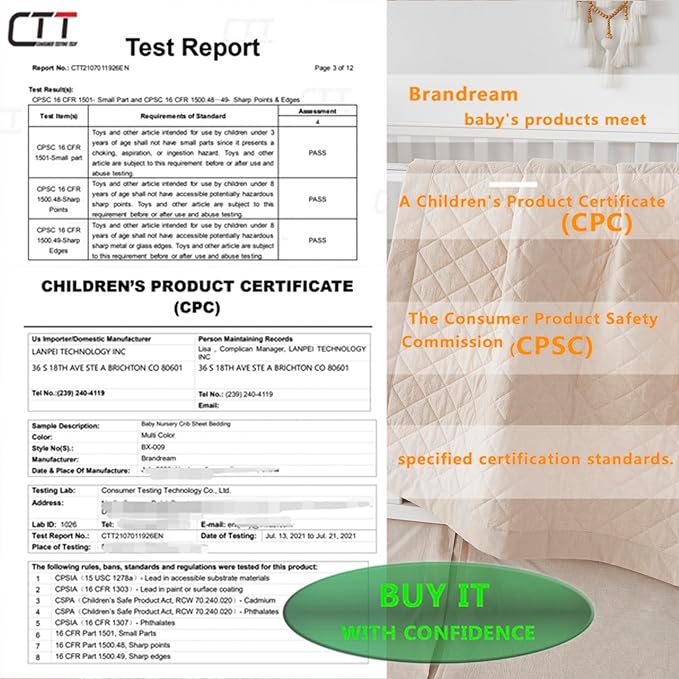 Brandream 3 Pieces Crib Bedding Set for Girls or Boys Quilt,Crib Sheet,Dust Ruffle Skirt, 100% Washed Cotton Like Linen Supersoft Farmhouse Chic Boho Beige Classic Quilted Plaid Design