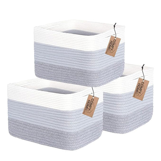 COMFY-HOMI 3PACK Cotton Rope Woven Basket With Handles for Shelves, Toy, Book, Cloth Storage Basket for Organizing|13.5" x 11" x 9.5" Decorative Nursery Cube Bin for Living Room（White / 3-Tone Grey）