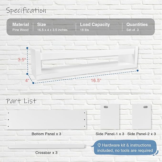 White Nursery Floating Book Shelves for Wall Set of 3, Kids Wall Shelves for Baby Room Bedroom, Modern Hanging Bookshelf for Baby Toddler Children Girls Boys Decor and Toys Books Storage