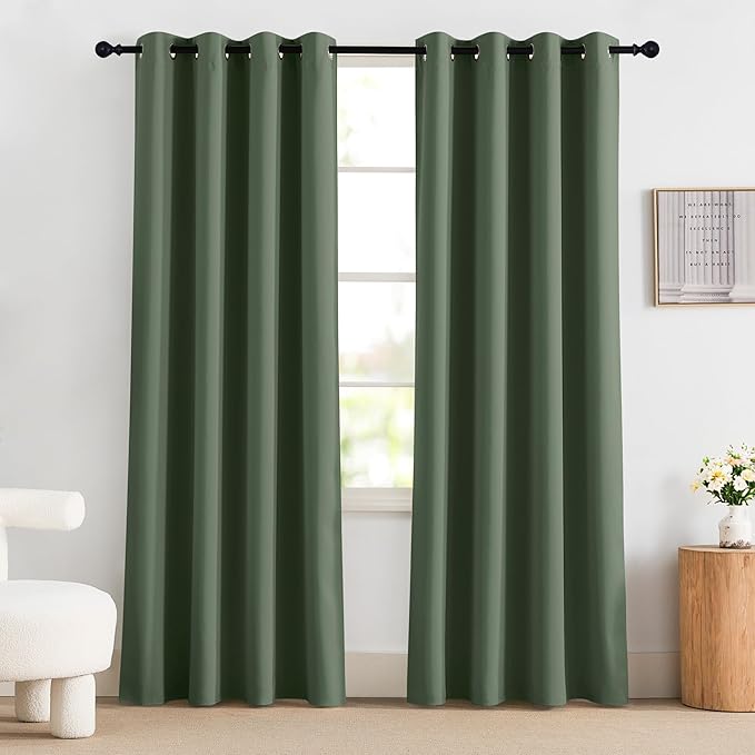 NICETOWN 100% Blackout Greyish Green Curtains 84 inches Long 2 Panels Set for Bedroom, Thermal Insulated Grommet Drapes, Room Darkening Curtain for Living Room(W52 x L84 Inch)