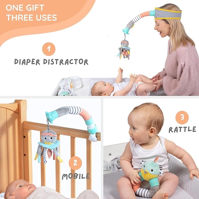 DINGLE DANGLE - Baby Gift Set - 3 in 1 Diaper Changing Helper Headband, Baby Mobile, & Sensory Rattle; Newborn Essentials Must Haves - Great Baby Registry or Shower Gift - Featured on Shark Tank